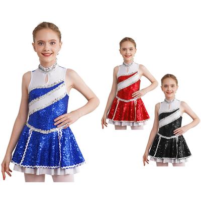 Mädchen Cheerleading Tanzkleid Ärmellos Glänzende Pailletten Reißverschluss hinten Auftrittskostüm
