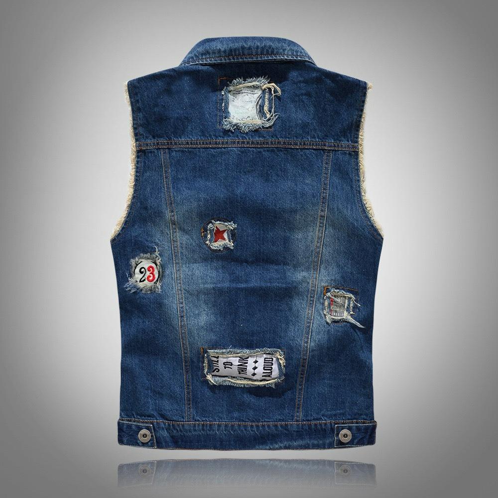 Gilet di Jeans Trendy da Uomo Slim-fit, Gilet di Jeans da Motociclista Taglia Larga, Gilet con Toppe, Gilet Strappato