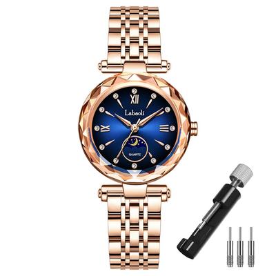 Rose Gold Watch with Brand Stainless Gift for Blue Women's Crystals, Stylish, Waterproof, Name, Business, Steel, Luxury, Cute, Her,