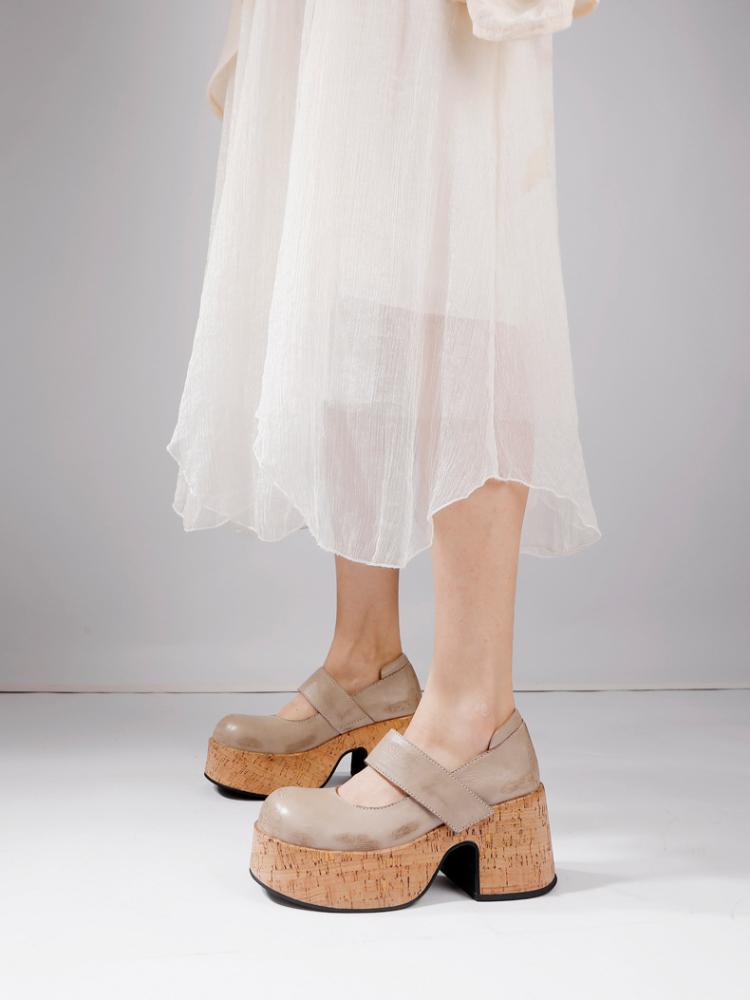 Johnature Zapatos de plataforma de mujer de moda versátiles poco profundos con punta redonda y tacones gruesos de cuero genuino retro