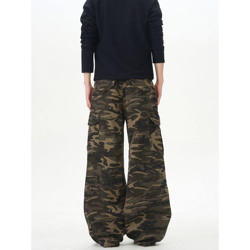 Kisko American Retro Multi-Pocket Drape Camouflage Flared Cargo Pants Unisex Trendy Straight Loose Casual Pants