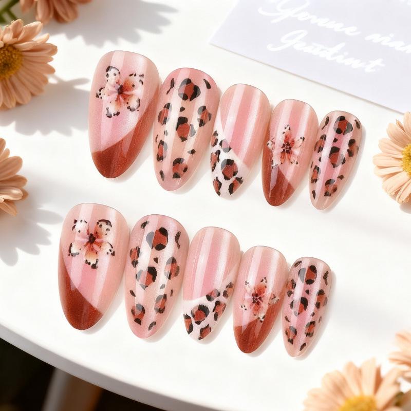 24-Piece Autumn Winter Cat Eye 3D French Nails - Floral & Leopard Almond Design