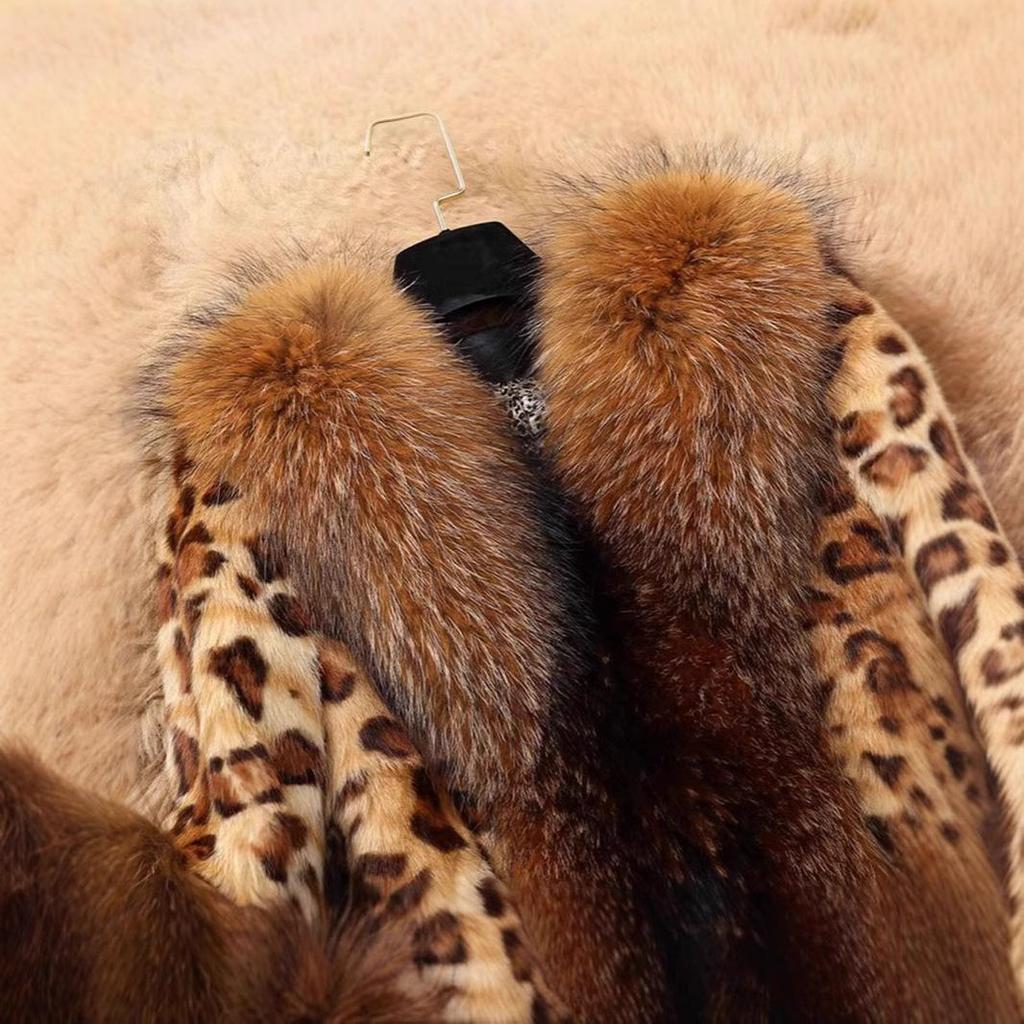 Women's Mid-Length Leopard Print Faux Fur Coat with Raccoon-Style Collar