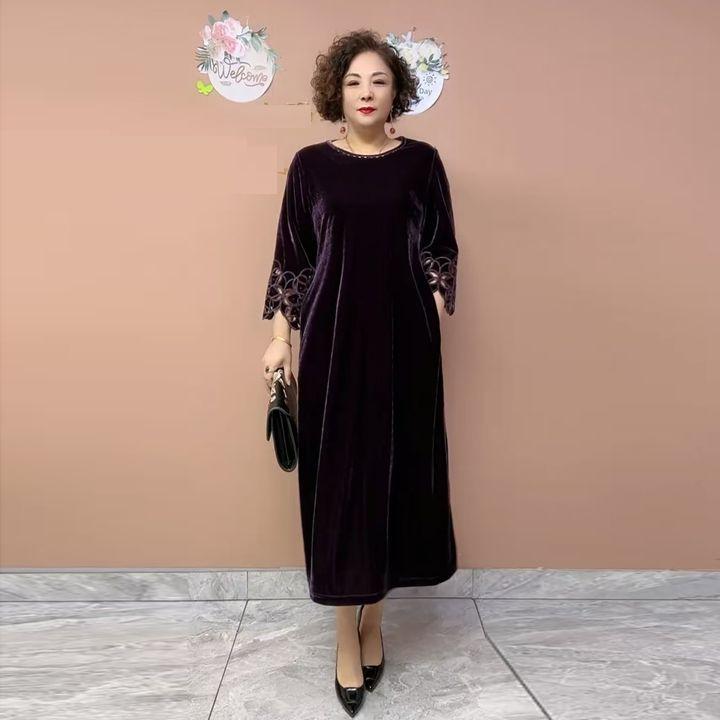 

Высококачественное женское платье большого размера весна-осень свободного кроя с вышивкой, длинное платье с круглым вырезом А-силуэта, бархатное платье 6XL фиолетовый