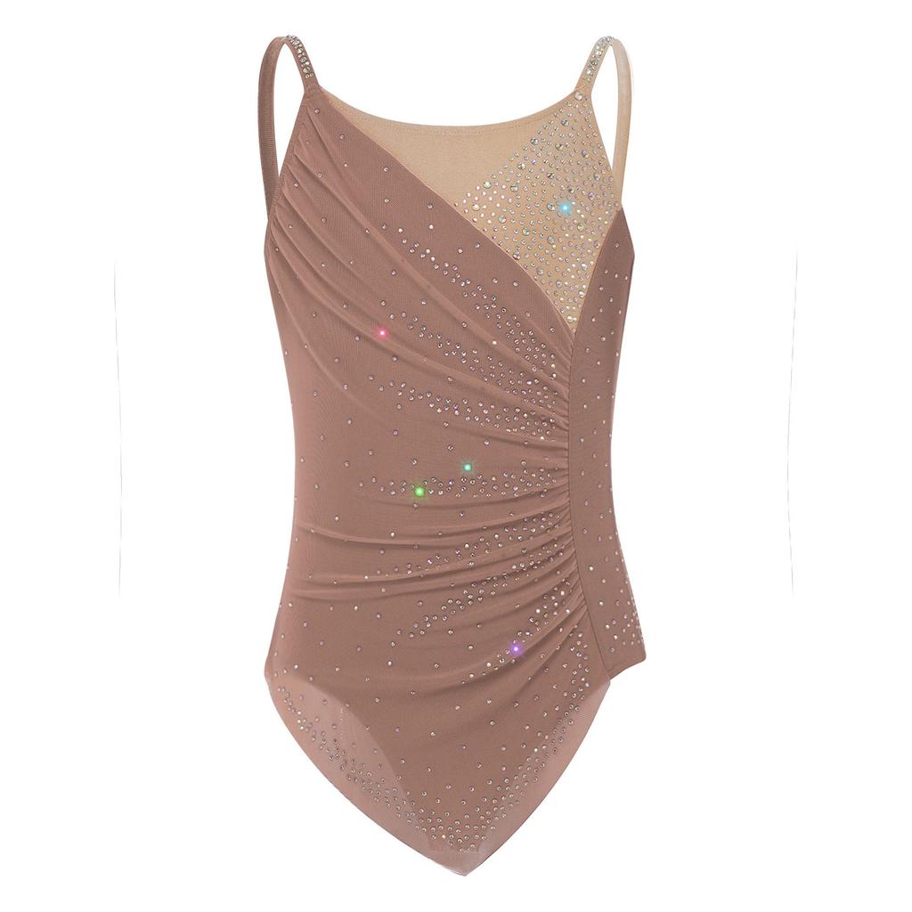Vestito da Ginnastica da Bambina Senza Maniche con Rucher, Patchwork in Rete, Strass Scintillanti, Slip Integrati