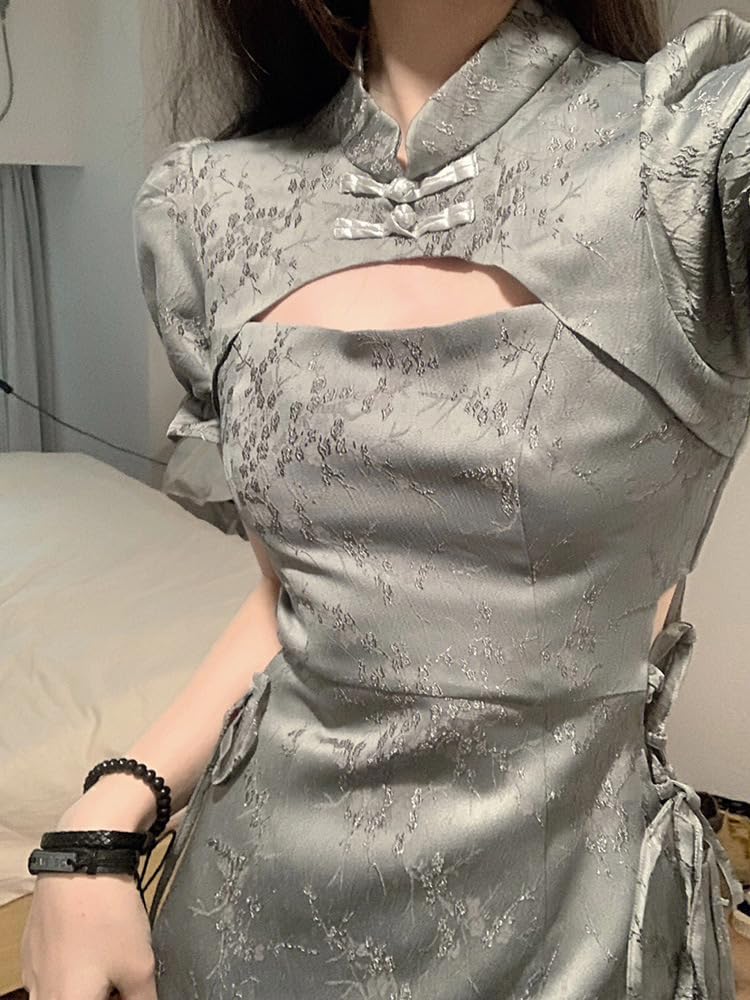 Maazusa Cheongsam Cosplay Dress with Jade Mini Chinese Short Perfect for Photo and Events Ornaments, Open-Breasted, Dress, 2-Piece Set, Sexy, Style,