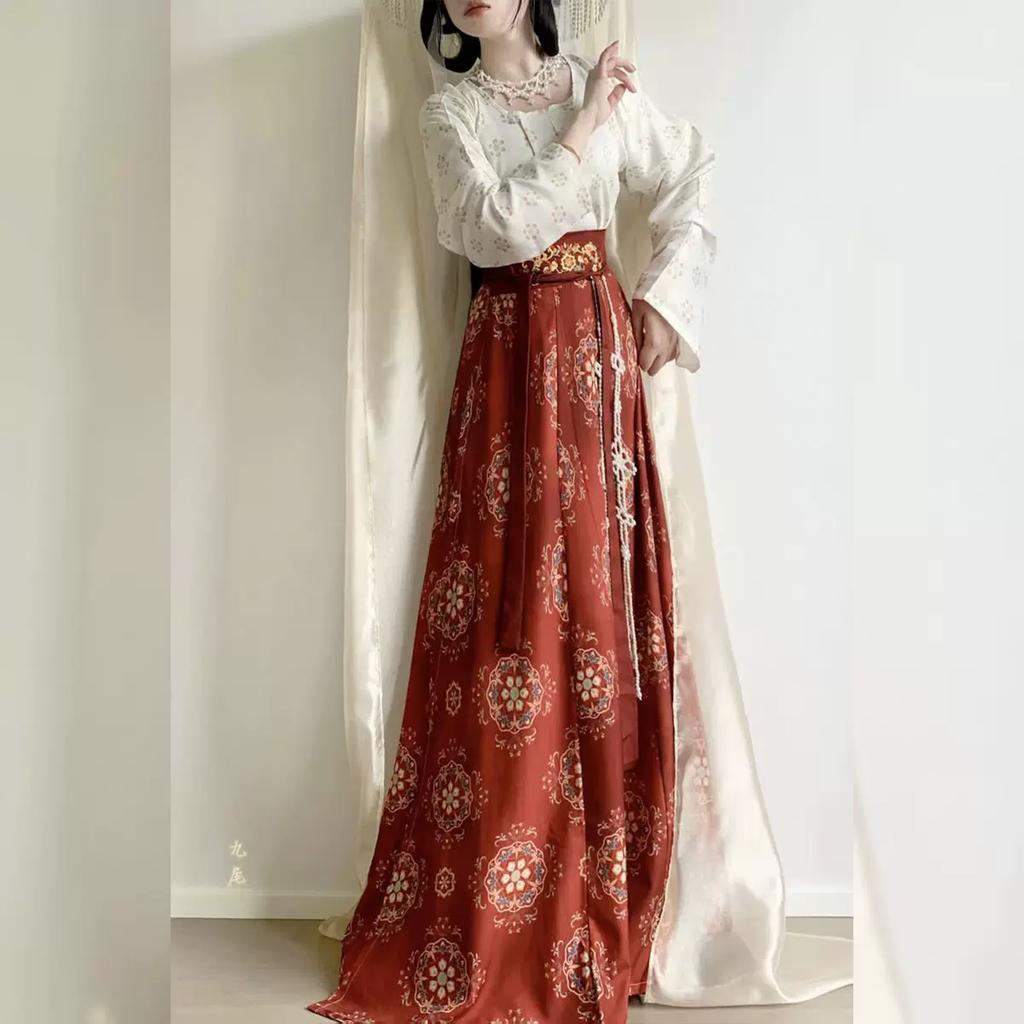 Original Chinese Tang Dynasty Style Hanfu Set, Printed Square Neck Blouse With Embroidered Waist High Skirt, Spring Daily Chinese Traditional Outfit