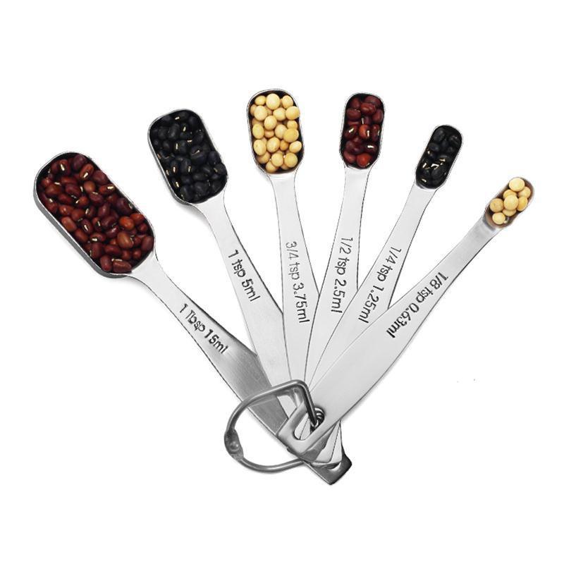 6pcs/set Stainless Steel Metal Measuring Spoons for Dry or Liquid, Fits In Spice Jar Square Flat Tail Spoon Kitchen Tool Baking Set Seasoning Spoon