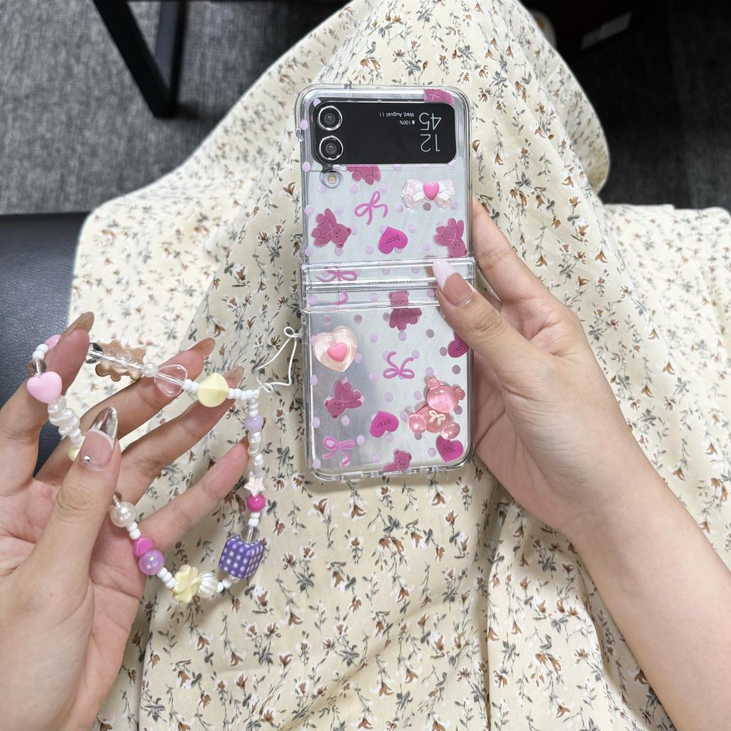 Polka Dot Love Bear Folding Phone Case with Chain Cute Girl Phone Accessories for Galaxy Z Flip 3 4 5 6