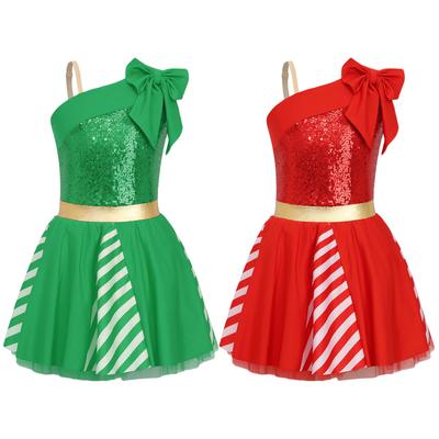 Robe Tutu de Noël pour Filles pour Fête Patinage Artistique Paillettes Rayures Sans Manches Canne de Noël Costume de Danse