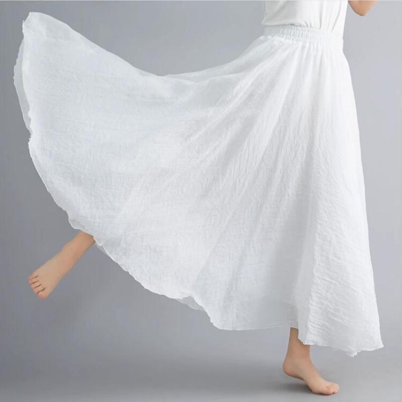 Women's Literary and Artistic Skirt Elastic Waist Linen A-line Skirt Long Solid Color Ethnic Style  Big Swing Skirt