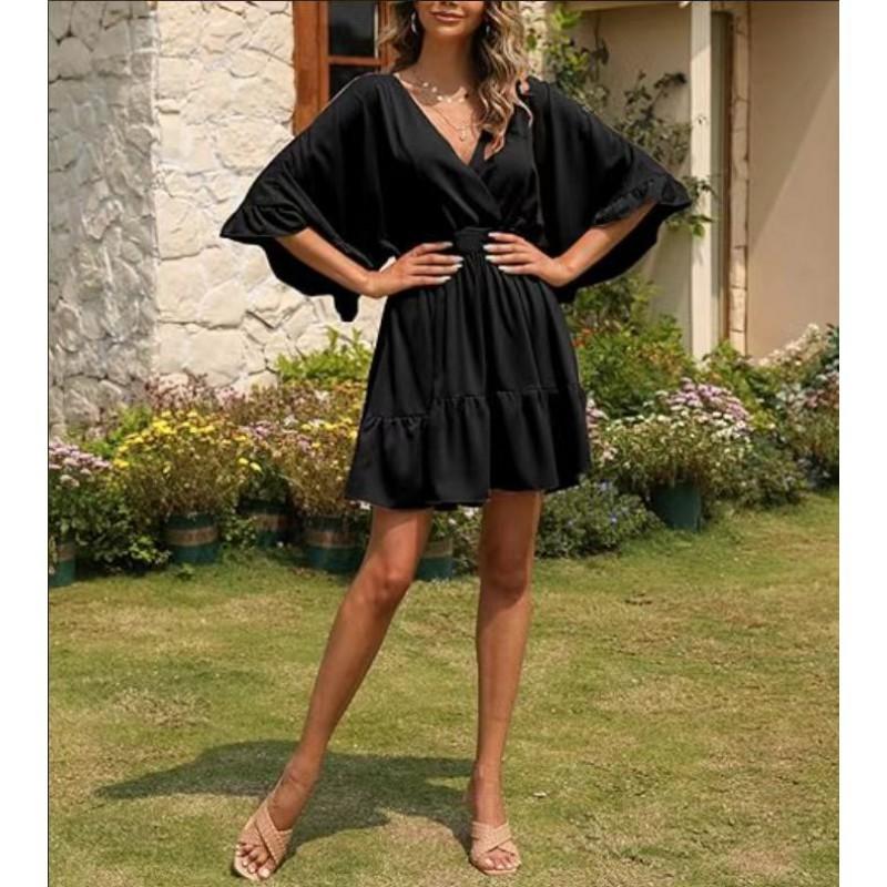 

Women s V-neck Summer Casual Dress Loose High Waist Pleated Cute Mini Short 1XL чёрный