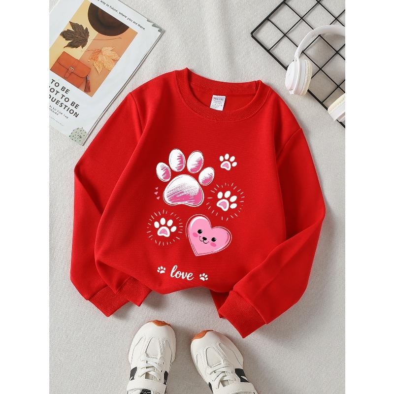 European Sizes Girls Soft Crewneck Sweatshirt Pink Paw Print Heart Kawaii Design, Casual All-Match, Ideal Holiday Present
