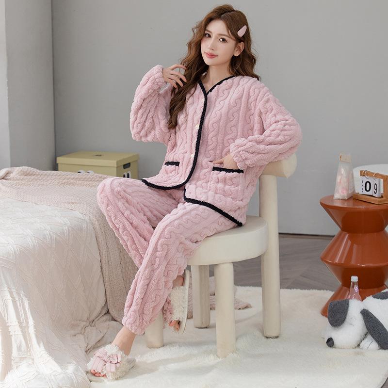 Høst og vinter Coral Velvet Pyjamas Set 3D Jacquard Flanell Langermet Cardigan Home Wear