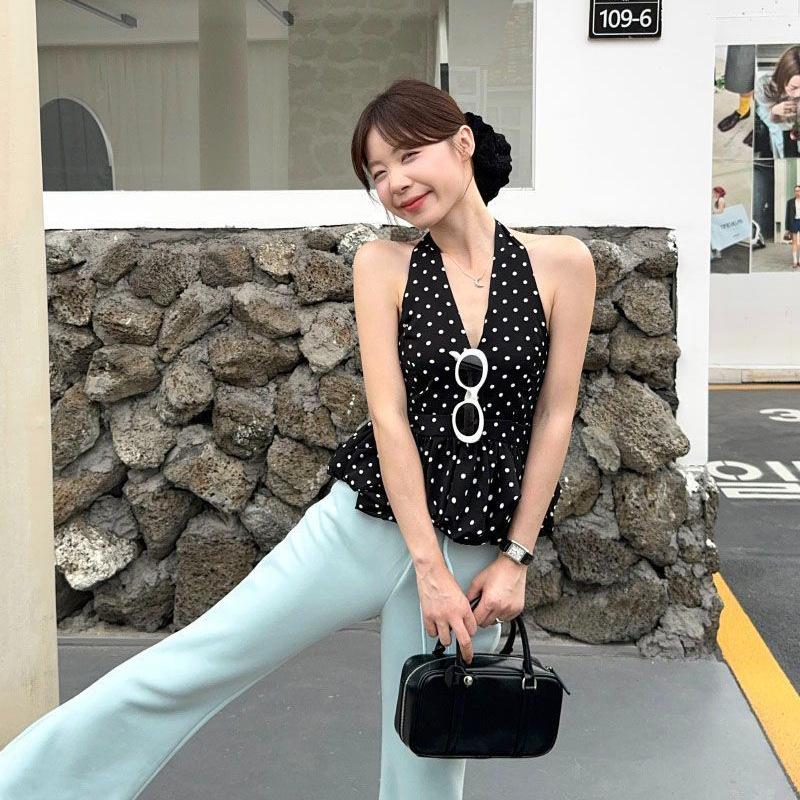 Sweet Wind Black Polka Dot Neck V-neck Vest Women's Clothing Summer Design Waist Slim Fit Chic Beautiful Top