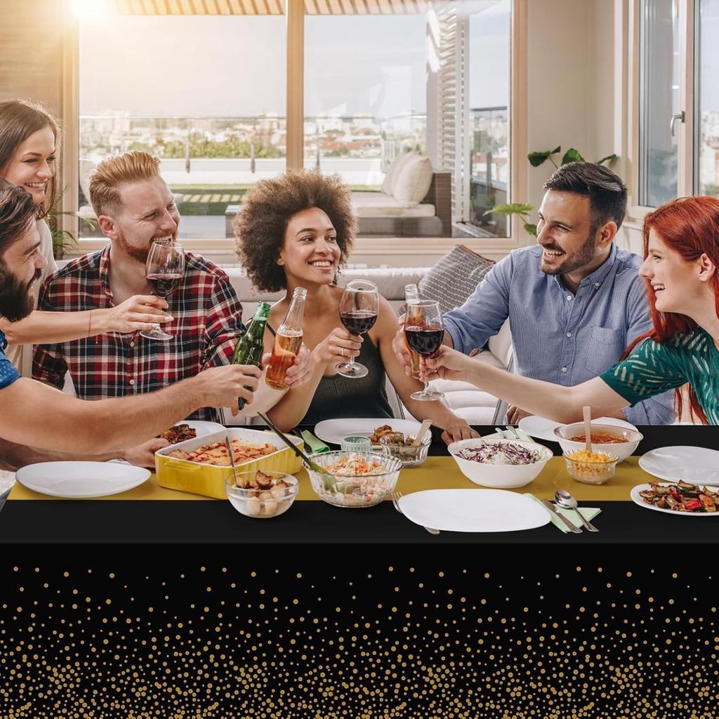 Childom 3 Pack Black and Gold Tablecloths for Events,54"x108" Plastic Table Cloths for Rectangle Tables,Disposable Party Table Covers for New Years