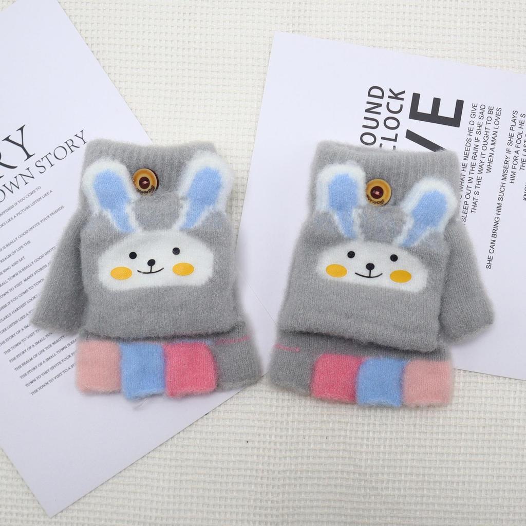 Dicke Winter-Halbfinger-Klapphandschuhe für Kinder mit Kaninchen-Cartoon-Design zum Schreiben und Spielen