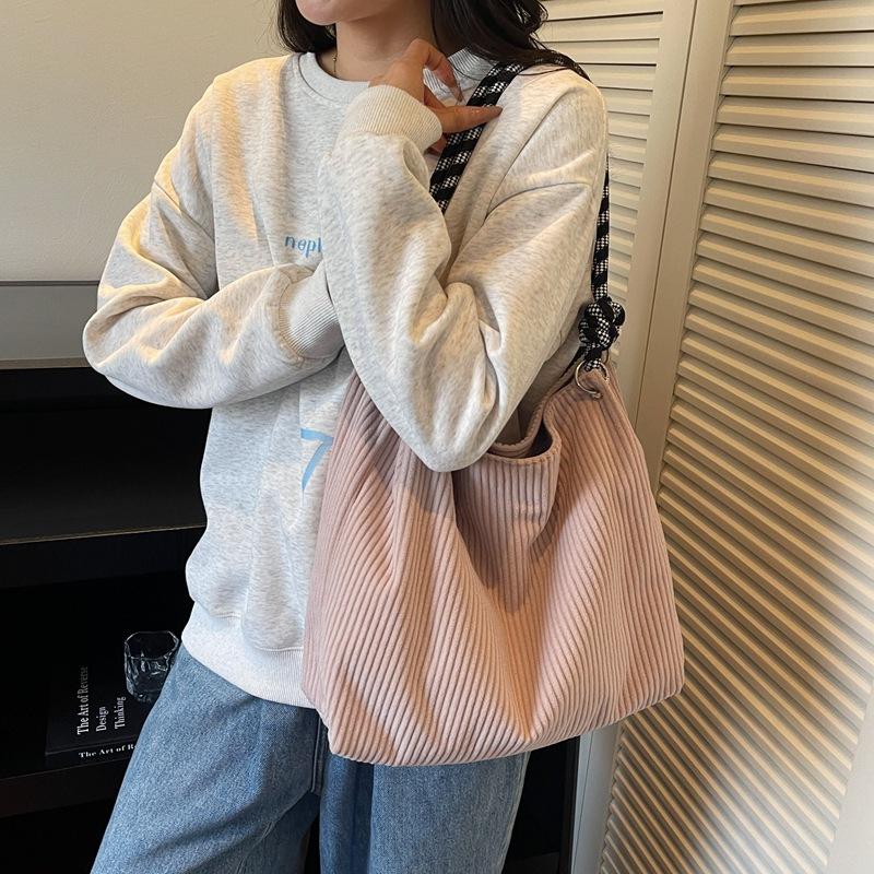Vintage Large Capacity Corduroy Bag Women's Solid Color Underarm Shoulder Bag