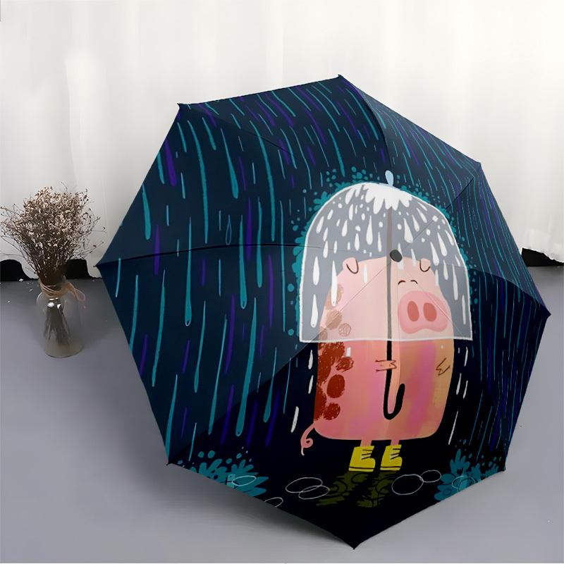 1pc Rain Pig Automatic Folding Umbrella - Compact 8-Rib Design, Durable Plastic & Iron, Lightweight for Outdoor Daily Use080