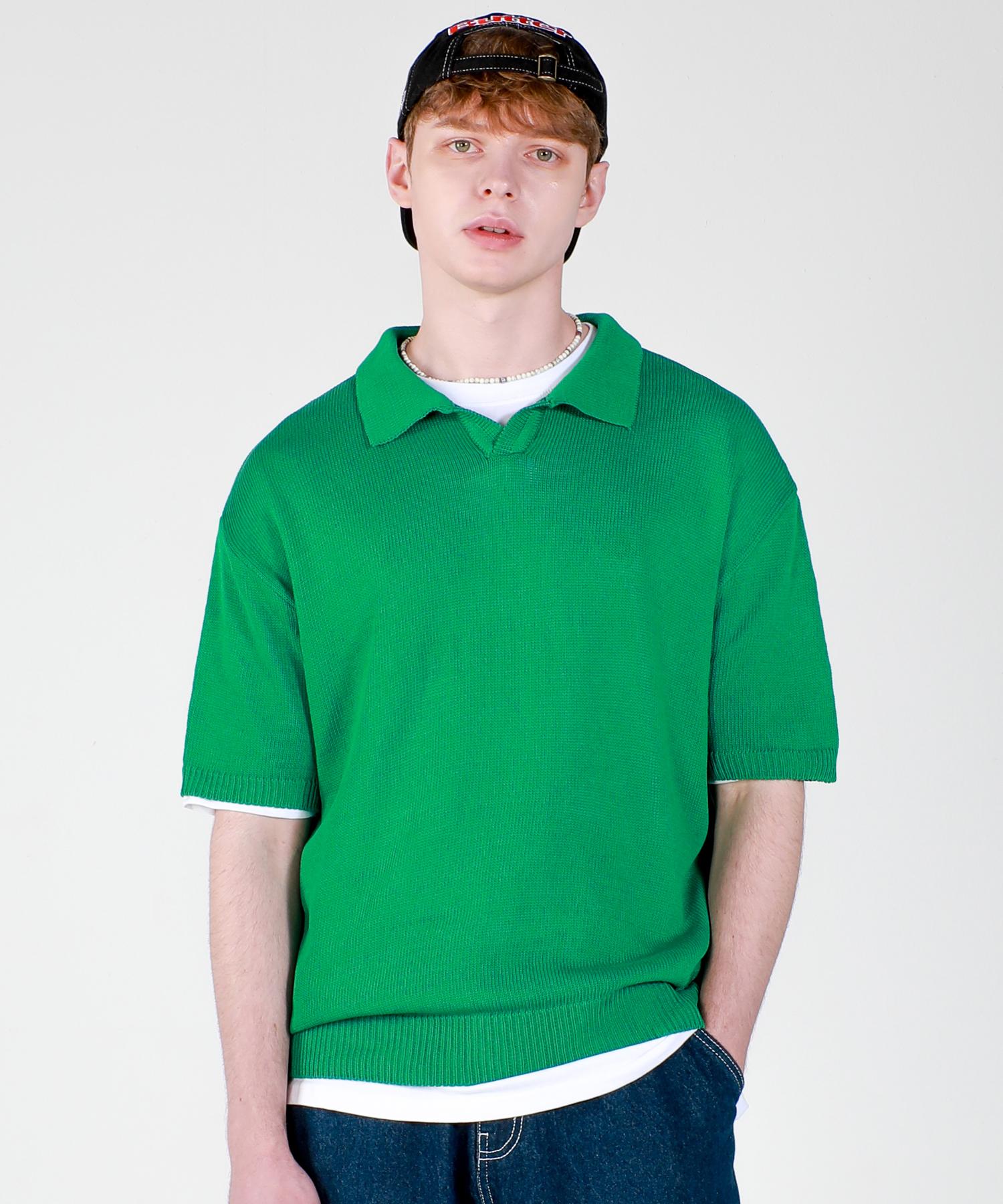 Iesn Washable Collared Short Sleeve Knit Green L