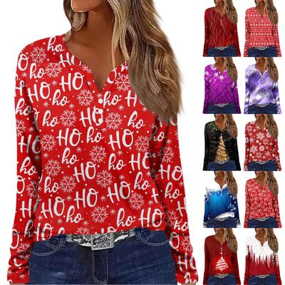 Women's T Shirt Tee Button Christmas Print Long Sleeve Daily Weekend Fashion Basic V Neck Regular Top