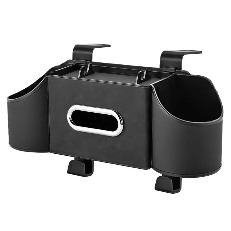 

3 In 1 Auto Rear Seat Storage Having Beverage Space Paper Dispenser And Fasteners For Snacks Phones And Small Objects Works With Various Vehicles