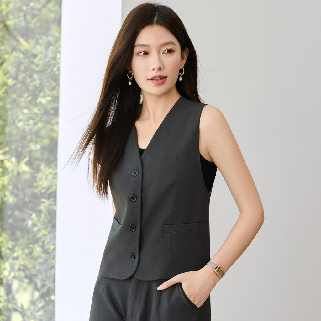 Women's Fashion Khaki V-Neck Vest Waistcoat for Spring & Autumn - Casual Professional Commute Style