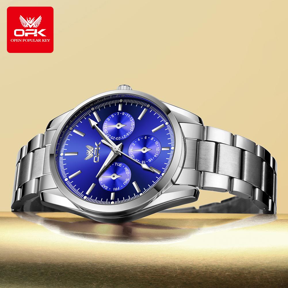 OPK 6024 Mens Watch Original New Fashion Brand Quartz Watch Stainless Steel Waterproof Luminous Three Small Dial Watches For Men