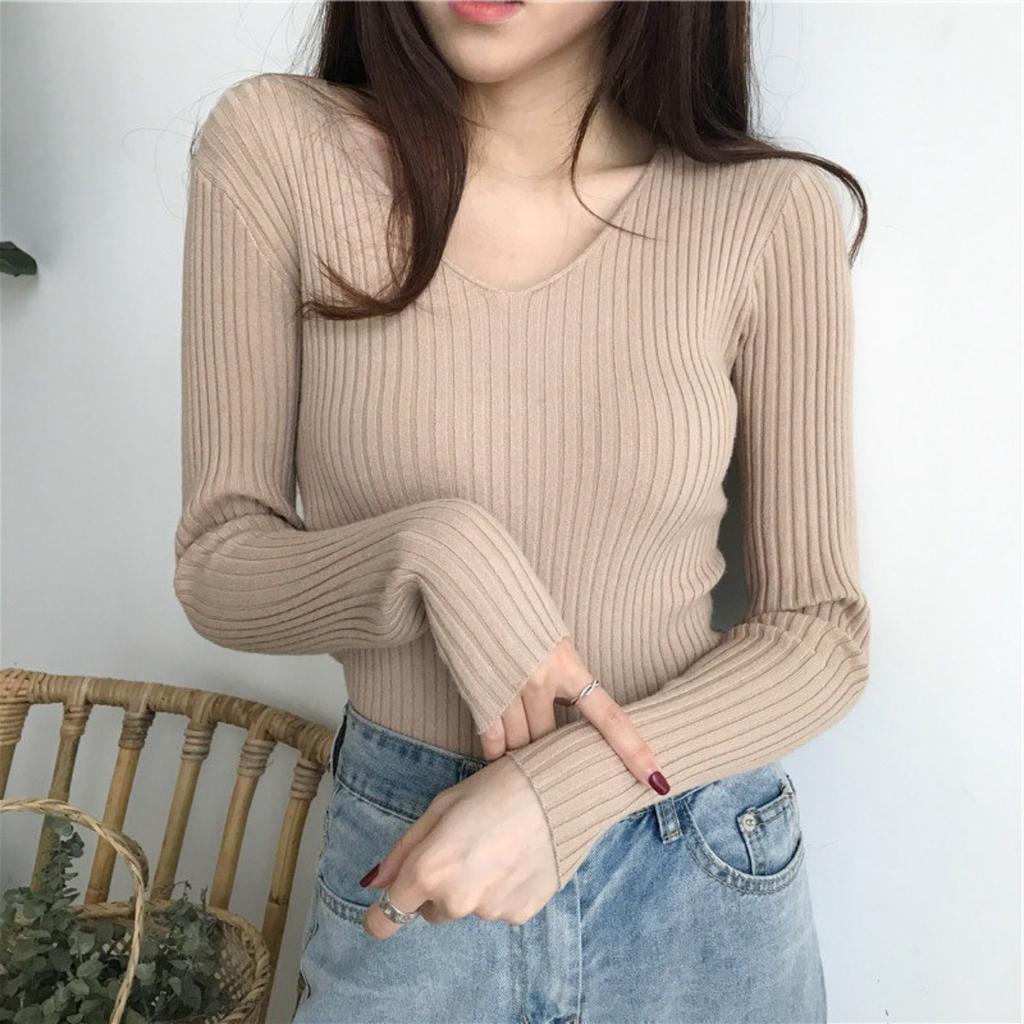 V-neck Sweater, Knitted Sweater, Women's Sweater, Stretch Sweater, Pullover Sweater, Slim Fit Sweater, Base Coat, Inner Layer, Top Coat