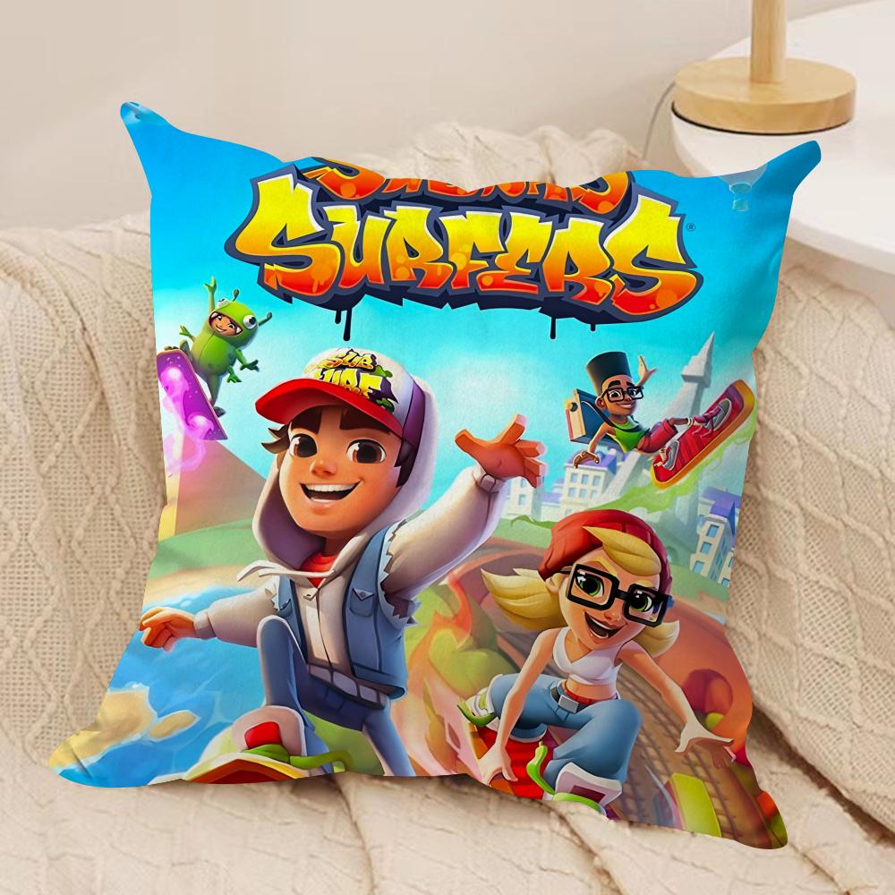 S-Subway Surfer Game Cushion Cover Silky Short Plush Invisible Zipper Dustproof Sofa Pillow Case For Home Decor