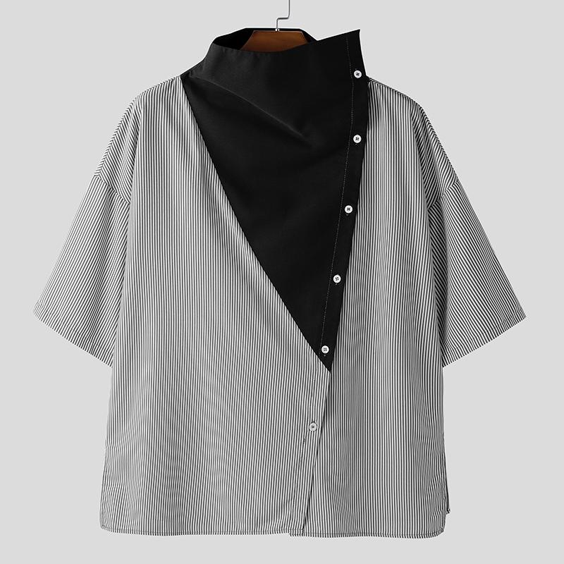 INCERUN Summer Men Stand Neck Short Sleeve Patchwork Casual Loose T-shirts Tops