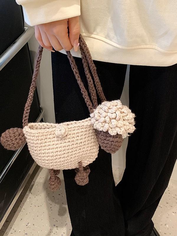Woolen Knit Cartoon Sheep Crossbody Bag With Phone Pocket For Casual Daily Use