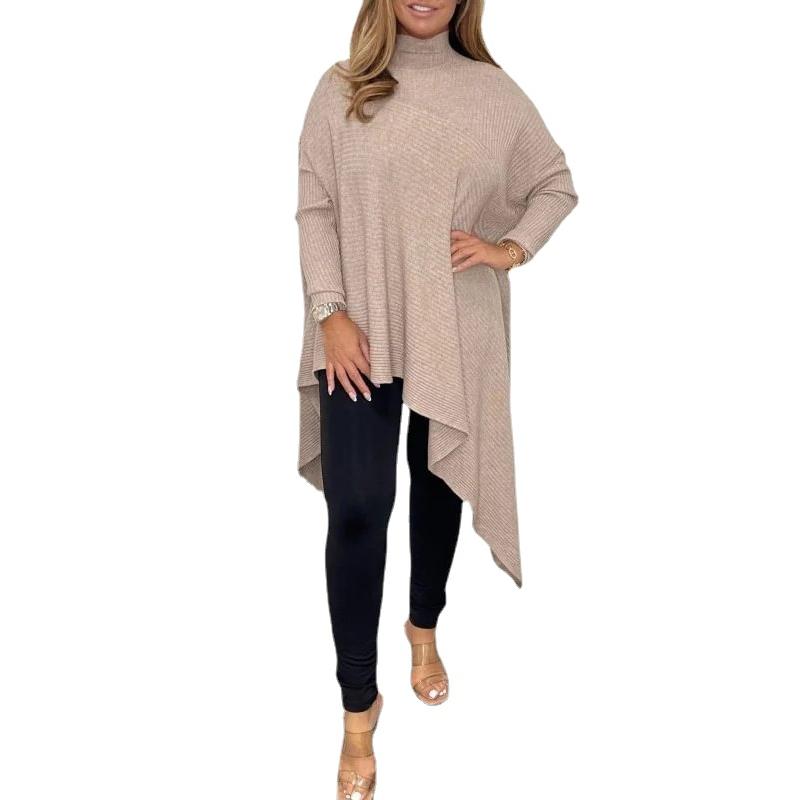 Women's Autumn and Winter Solid High Neck Long Sleeve Knitted Thread Irregular Bottom Comfortable Top