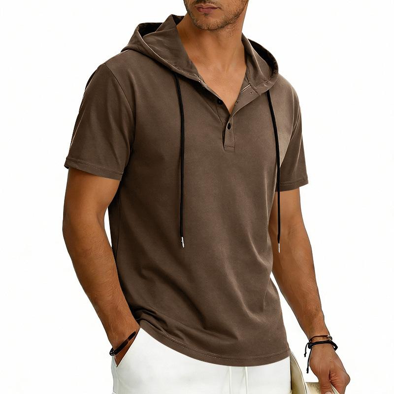 Men's Hooded Henley T Shirt, Summer Short Sleeve Regular Fit Breathable Sports Pullover Top
