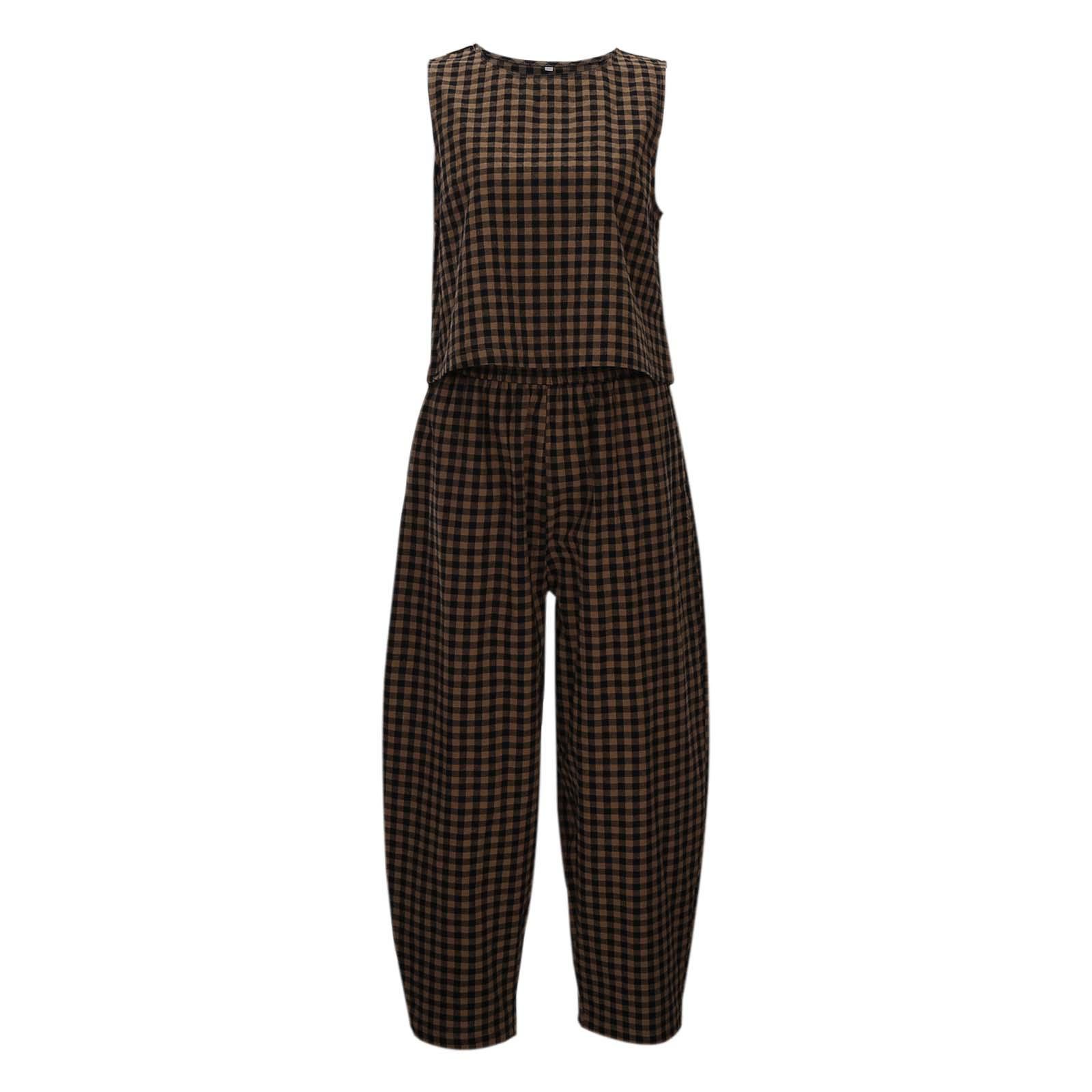 

Checkered Loose Breathable Women s Clothing Suits & Sets Sleeveless Vest and Pants Suits S