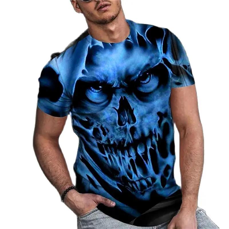 Summer Round Neck 3D Vintage Horror Skull Print Top Fashionable Casual Short Sleeved Men's T-shirts