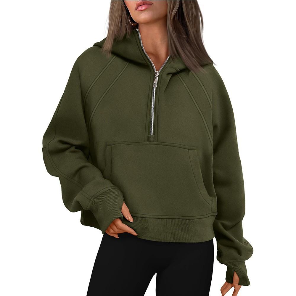 Neuer Pullover mit halbem Reißverschluss, Kapuze, Fleece, kurz, modischer Hoodie für Damen