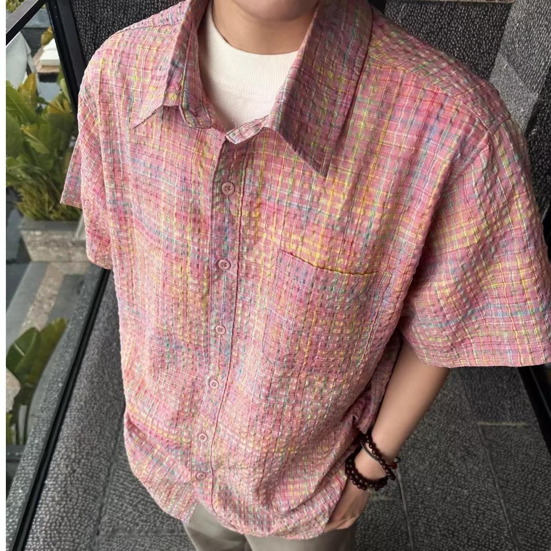 Men s Summer Short-Sleeve Shirt: Youth Beach Travel Short-Sleeve Collared Button-Down Shirt S розовый