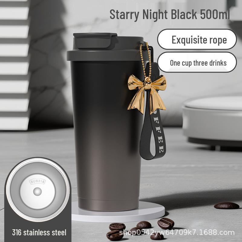 High-Design Insulated Coffee Cup with Ceramic Liner and Straw, 316 Stainless Steel, Simple Gift Box