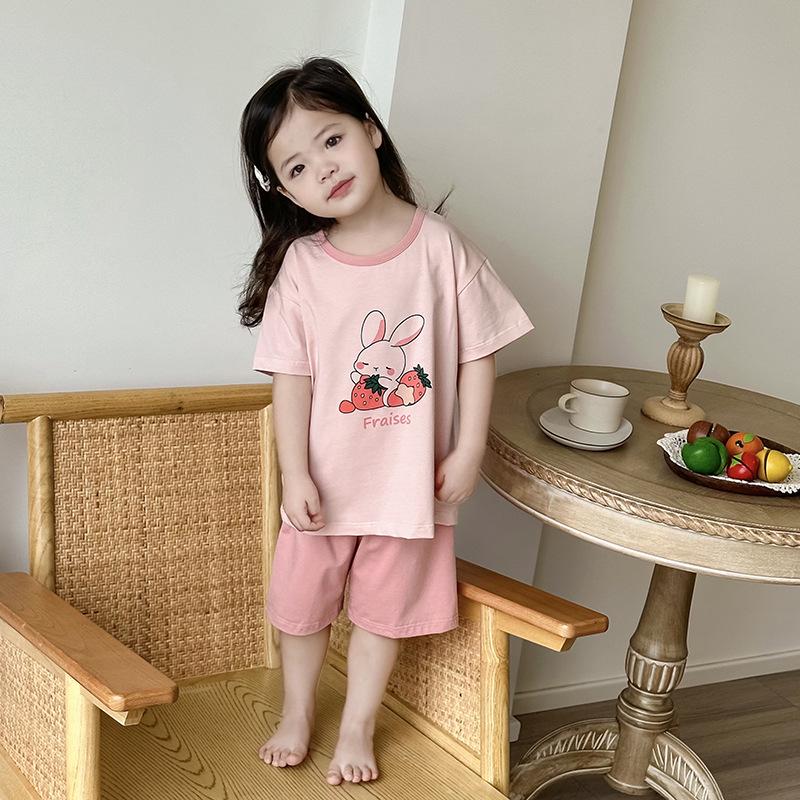 Girls' Summer Cotton Pajama Set - Breathable Cartoon Shorts and Round Neck Top