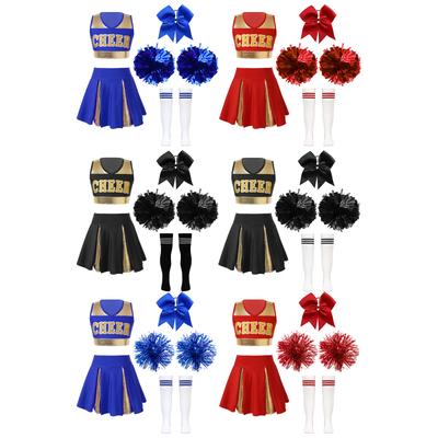Girls Cheerleading Outfit Sleeveless V Neck Crop Top Letter Print Pleated Skirt Hair Tie Hand Flowers Socks Set