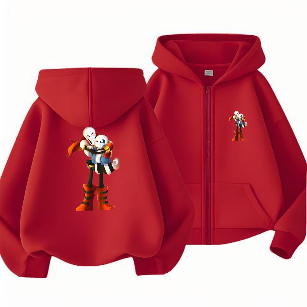 Zip-up hooded sweatshirt for boys and girls—a trendy,thickened jacket for autumn and winter,perfect for outdoor play,featuring Sans and Papyrus prints