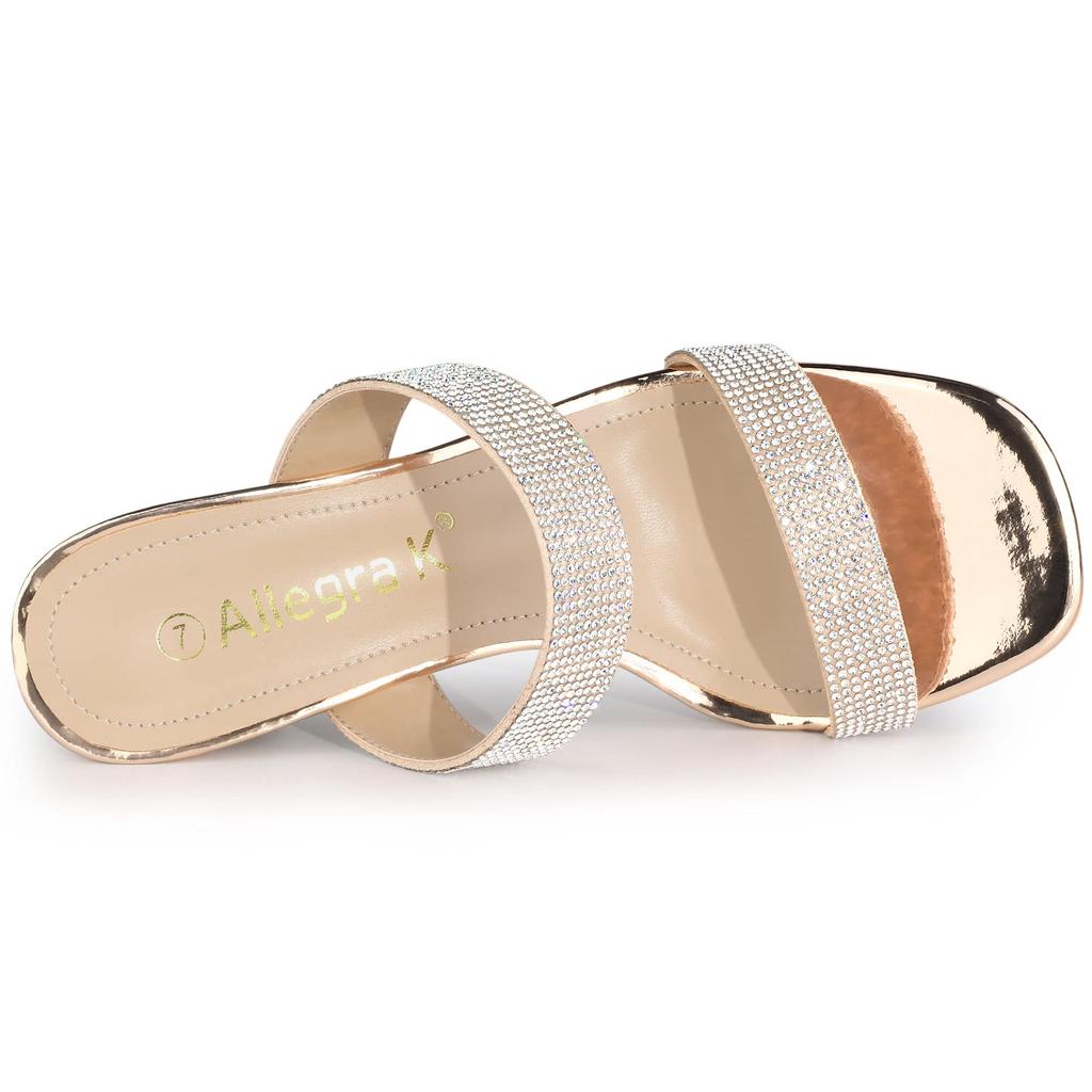 Allegra K Women's Sleek Rhinestone Mule Sandals with Square Toe and Chunky Heel, Rose Gold, Size 26.0cm