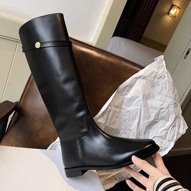 

Cowhide version~ 2025 autumn and winter small gold coins retro tall tube thick heel thick sole but knee thin boots knight boots 40 чёрный