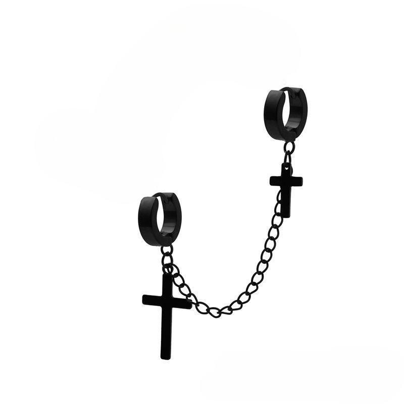 Earring with Chain Hook, Male Style, Titanium and Steel Cross-shaped, Trendy Stud Earrings, Retro Stainless Steel, Hip-hop Style Pendant Earrings