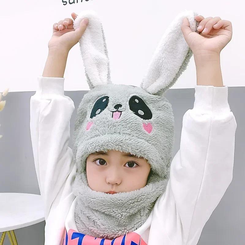 1-12Y Winter Cartoon Rabbit Coral Velvet Cap Plush Balaclava Kids Caps Double Fleece Baby Scarf Hat  Baby Accessories