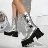 Winter Paltform Boots Women's Punk Silver Black Mid Calf Boots Starts Decor Wedges Shoes
