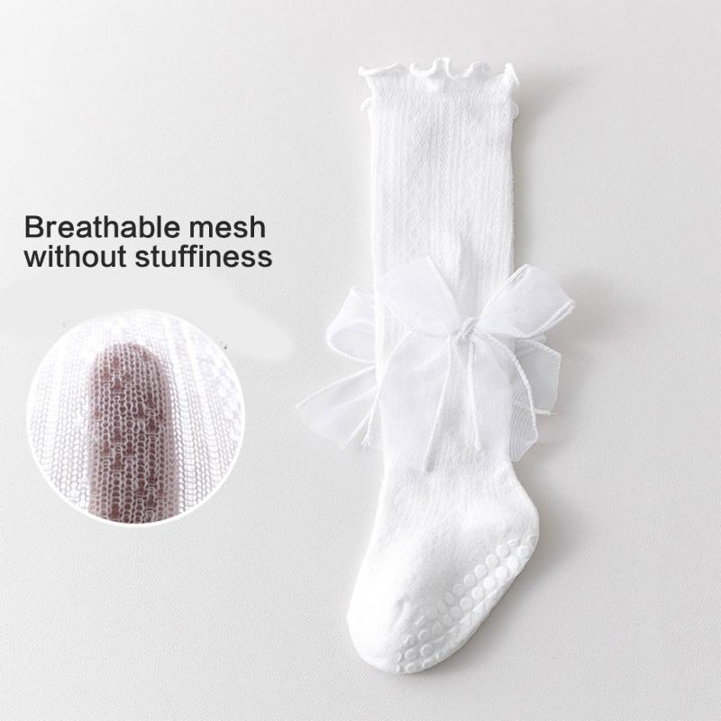 Kids Lace Pattern Over Knee Stockings Soft Combed Cotton Summer Thin Style Beige Color For Daily Wear