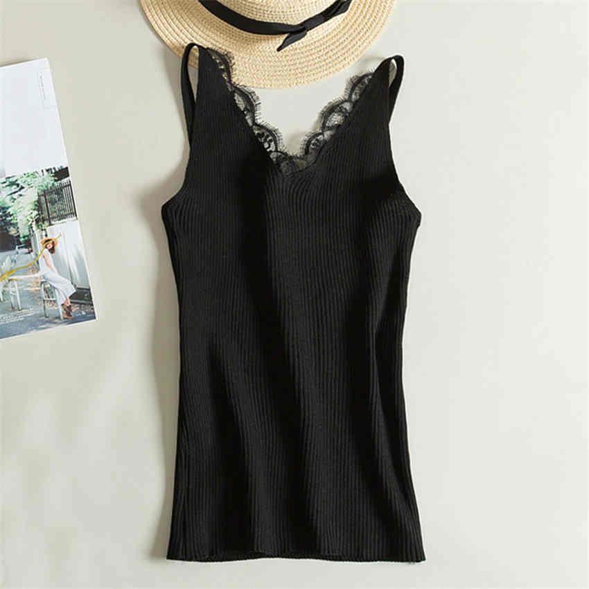 Women V-neck Lace Top Camisole Sleeveless Cotton Sexy Tanks Tops Knitted Cami Seamless Cropped Vest
