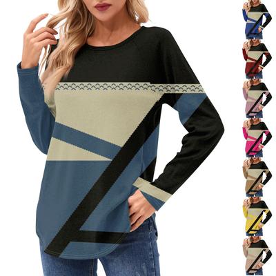 Damen Langarmshirt, lässige Mode, Tunika-Top mit geometrischem Muster, Rundhalsausschnitt, Basic-T-Shirt, locker geschnitten